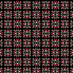 Fototapeta premium Abstract geometric pattern of simple floral mosaic silhouetted shapes Modern minimalistic design Muted pastel red and gray elements on a dark, black background