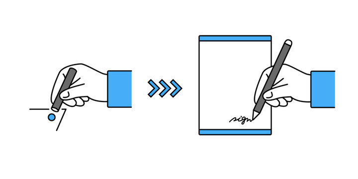 紙へ印鑑を押す契約からタブレットへの電子サインに移行するイメージイラスト