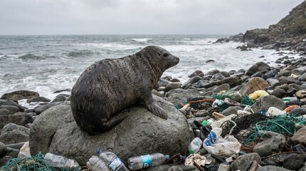 Naklejka premium Seal resting on rocky beach surrounded by ocean pollution