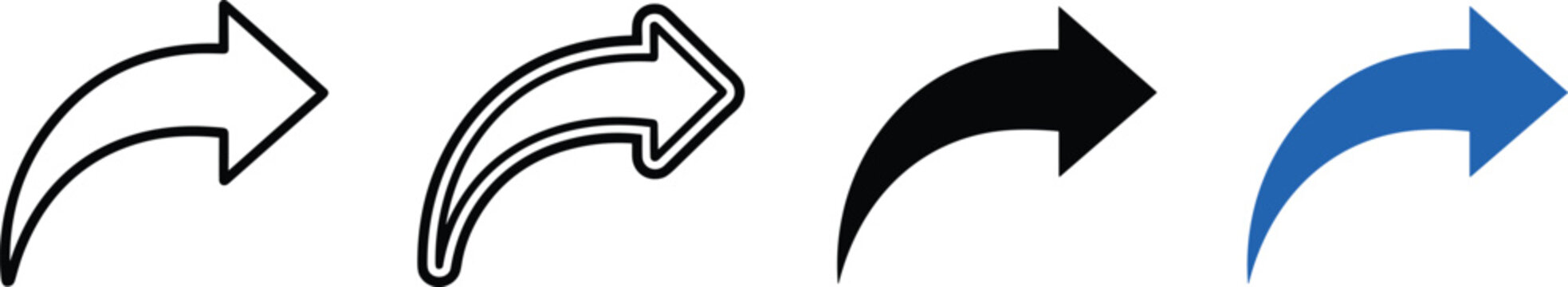 Set of curved arrow icons in outline and solid styles representing share redirection send and navigation symbols.