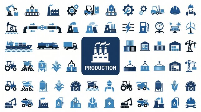 Production Icons: A collection of meticulously crafted production icons, a visual language for the industry. Representing various facets of production and industry