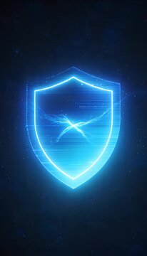 Glowing Shield on Dark Vertical Background with Electric Blue Light and Digital Protection, Security, Safety, Defense Concept for Privacy and Data Security