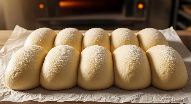 Freshly baked bread rolls are arranged on parchment paper in a kitchen.