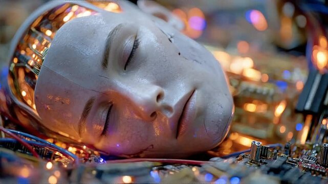 A serene portrait of a robotic face resting amidst complex circuitry, conveying a sense of peaceful contemplation and the future of technology.