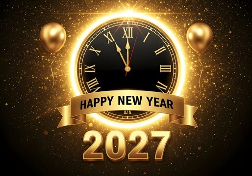 Golden clock striking midnight with balloons and festive ribbon for a happy new year celebration in 2027.