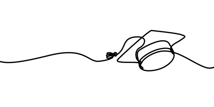 Continuous line drawing of a graduation cap on a white background. Suitable for educationalthemed designs, graduation announcements, and academicrelated content.