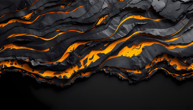 Dynamic abstract undulating waves of molten lava flowing through dark textured rock formations creating a dramatic fiery and energetic visual with glowing its illustration only