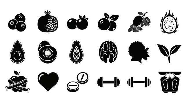 Black silhouette icons depicting fruits health items and exercise equipment