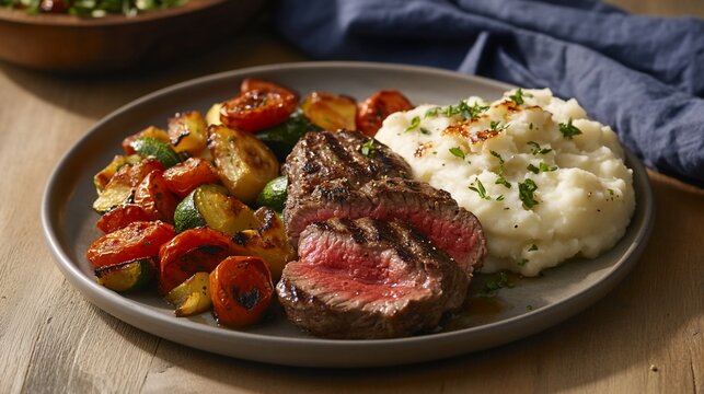 Delicious medium rare steak with grilled vegetables and mashed potatoes served on a plate