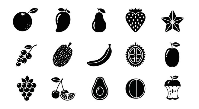 Fifteen black silhouette icons of various fruits arranged in three rows