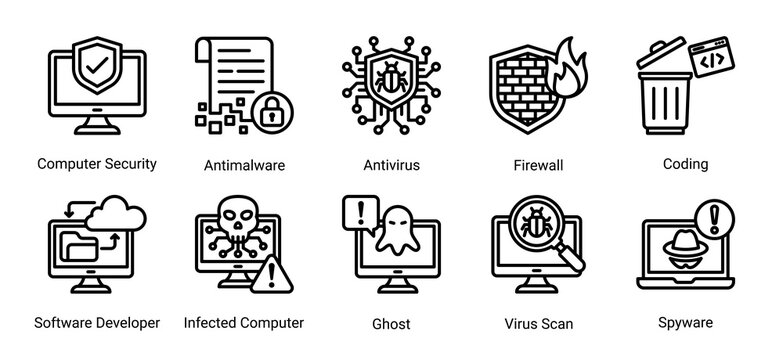 System security icon set featuring antivirus,firewall,coding and infected computer concepts.Perfect for cybersecurity software,system protection and digital security solutions.