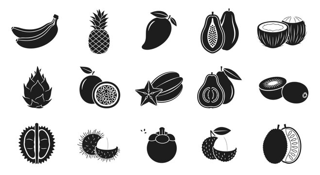 Silhouettes of fifteen tropical fruits arranged in three rows against a white background