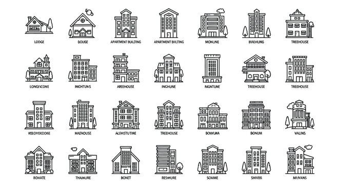 Various vector illustrations of buildings and houses in a graphic design