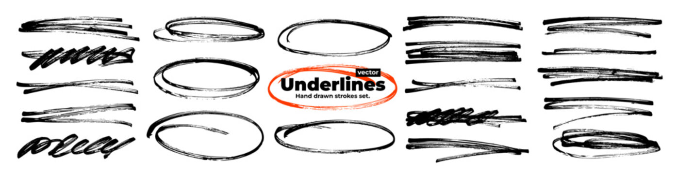 Black graphic crayon or brush drawn underlines and circles to emphasize text or hand drawn notes. Vector png pen scribbles. Oval shapes, text thick rough dividers. Squiggle crayon strokes.