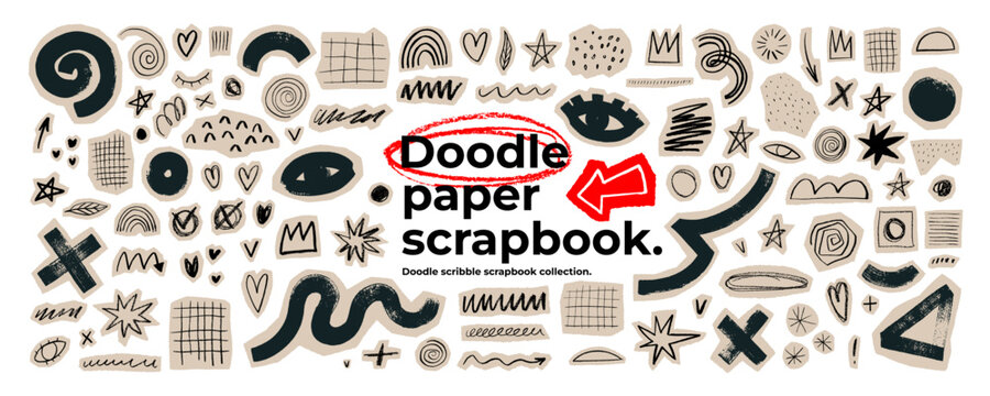 Scrapbook collage doodle vector crayon sticker collection. Hand drawn crayon and pencil scrapbook arrows, grids, stars, eyes and grunge shapes. Brush drawn collage torn paper cutout clip arts.