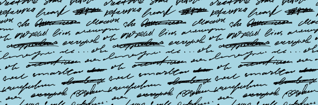 English unreadable text script seamless pattern on pale blue background. Handwriting cursive illegible text background. Abstract illegible old book page with strike through words.