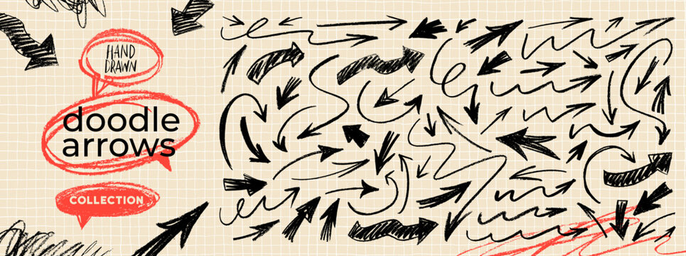 Hand drawn black arrow collection for notes, rustic graphic design, collage templates. Crayon or chalk drawn bold and thin doodle arrows. Sketchy directional pointers, inky illustration.