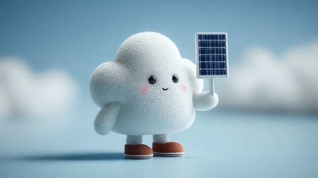 Cute Cloud Character Holding Solar Panel in a Bright Environment