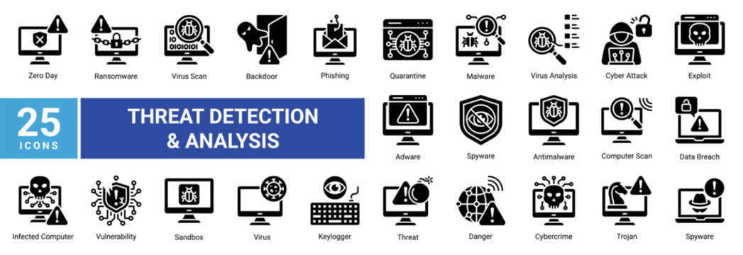 Cyber threat detection icon set featuring malware scan, ransomware, phishing, spyware and virus analysis. Ideal for cybersecurity, system monitoring and digital risk management.