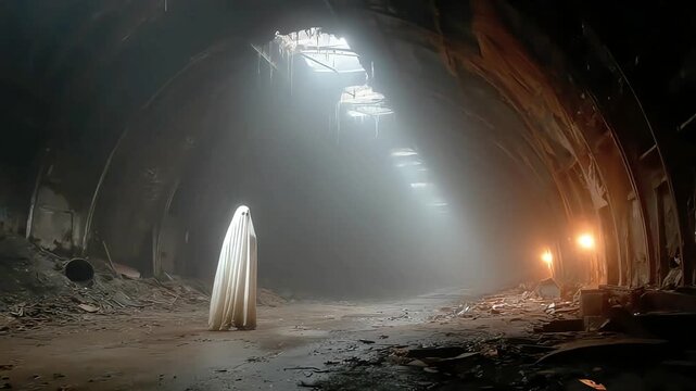 A mysterious ghost-like figure stands amidst the remnants of a derelict building, creating an unsettling atmosphere perfect for horror or mystery them