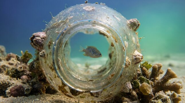 Underwater scene with fish inside a discarded plastic jar