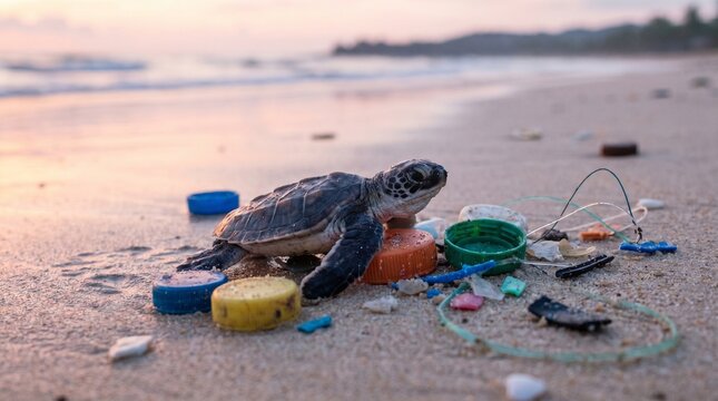 Sea turtle surrounded by plastic waste on sandy beach at sunset
