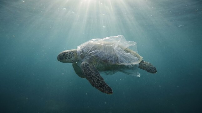 Sea turtle entangled in plastic under ocean sunlight