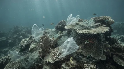 Fototapeten Korallenriff Underwater coral reef polluted with plastic bags and debris  © Suparjo