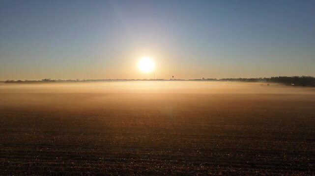 Spring Sunrise Drone Flight Through Foggy Cornfield In Western Iowa