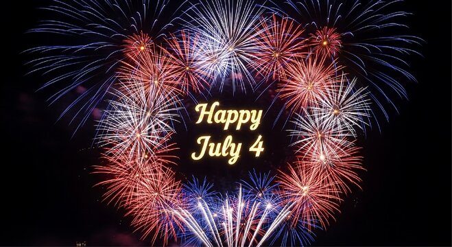 Yellow gold script font displaying Happy July 4 is centered within a circular arrangement of fireworks against a black background.