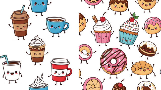 Cute kawaii food pattern featuring coffee cups donuts cupcakes and sweet desserts with smiling faces in colorful seamless cartoon style