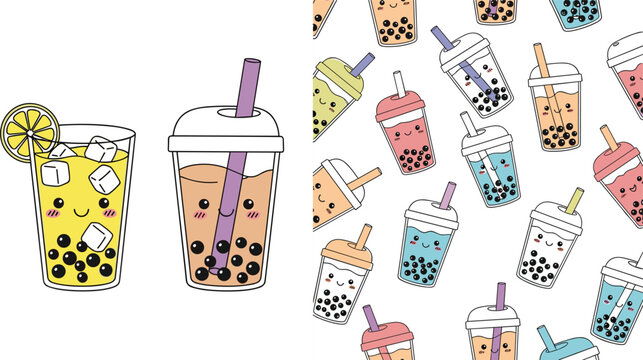 Bubble tea illustration set featuring colorful boba drinks with tapioca pearls iced beverages and takeaway cups in cute modern cartoon style