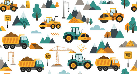 Fototapeta premium Seamless pattern for children featuring construction vehicles dump trucks and cranes operating in mountainous work zone landscape.