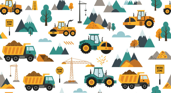 Seamless pattern for children featuring construction vehicles dump trucks and cranes operating in mountainous work zone landscape.