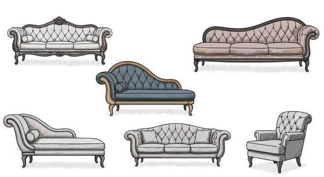 Collection of luxury classic furniture including tufted sofas chaise longues and armchair for elegant interior home decor design.