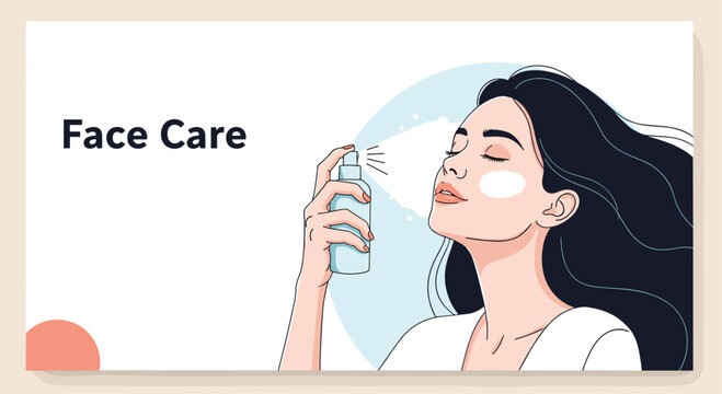 Beautiful woman applying facial spray for skin hydration and refreshment during her daily face care beauty routine at home.