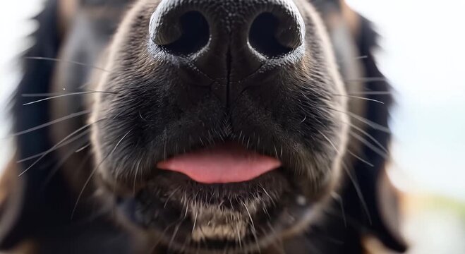 close-up dog nose and tongue macro shot, playful pet portrait