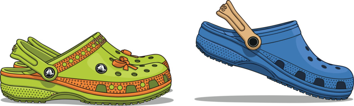 Colorful clogs footwear illustration featuring perforated slip on garden shoes with straps in casual comfort style isolated on white background