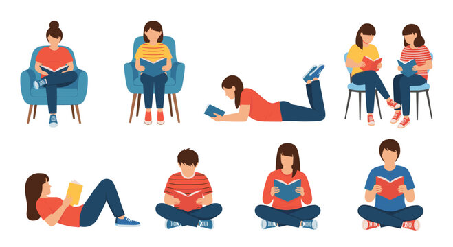 Collection of people reading books in various comfortable poses including sitting on chairs lying down and sitting on floor.