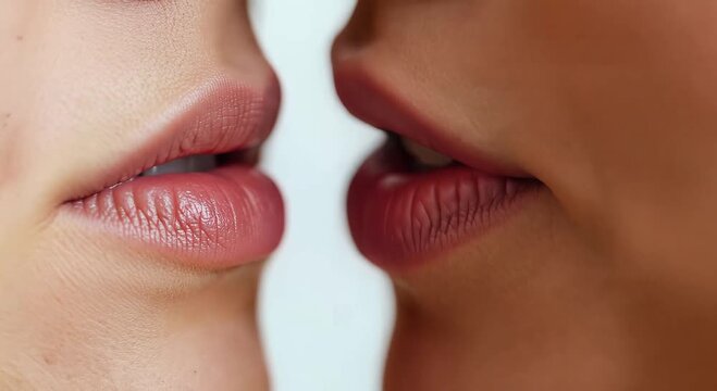 close up lip kiss between two people of different skin tones