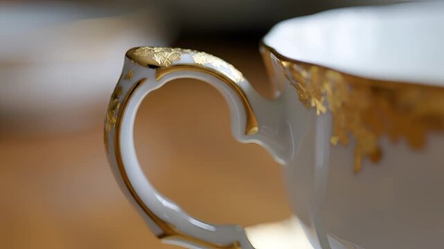 Close up of antique teacup handle with gold trim.