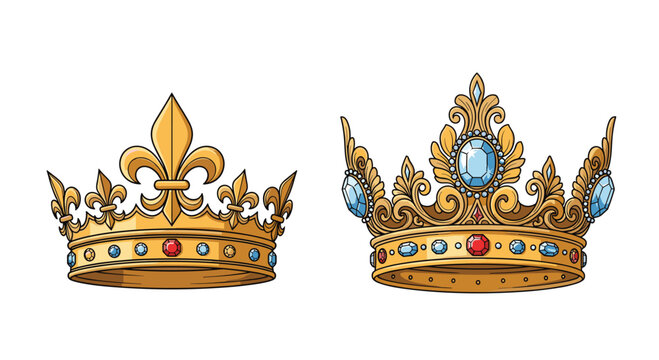 Pair of luxurious gold crowns adorned with blue and red precious gemstones for royal monarchy and nobility symbols.