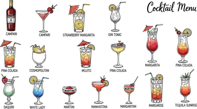 Hand drawn cocktail menu illustration featuring margarita mojito martini cosmopolitan pina colada daiquiri and classic alcoholic drinks with colorful garnish