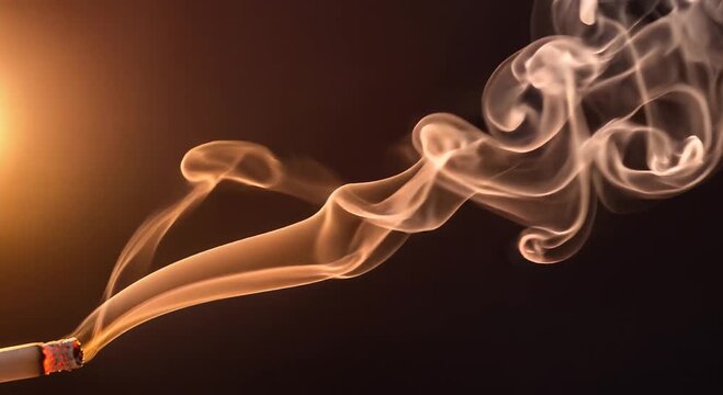 close-up lit cigarette with curling smoke against dark background