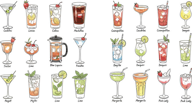 Hand drawn cocktail collection featuring martini mojito margarita daiquiri cosmopolitan tequila and refreshing mixed drinks with fruit garnish in sketch style