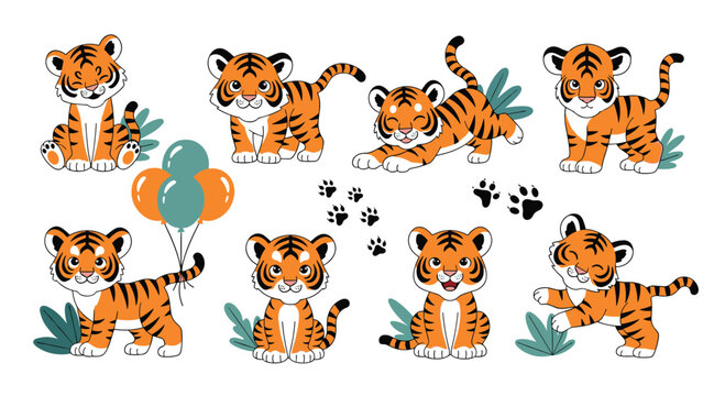 Adorable baby tiger characters in various playful poses featuring stripes paws and colorful balloons for children nursery art.