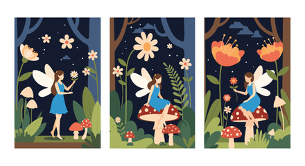 Fototapeta premium Set of three magical posters featuring a small fairy with wings in a whimsical night forest with giant mushrooms.