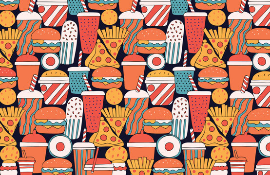Fast food pattern with burgers fries pizza and soda on a dark background