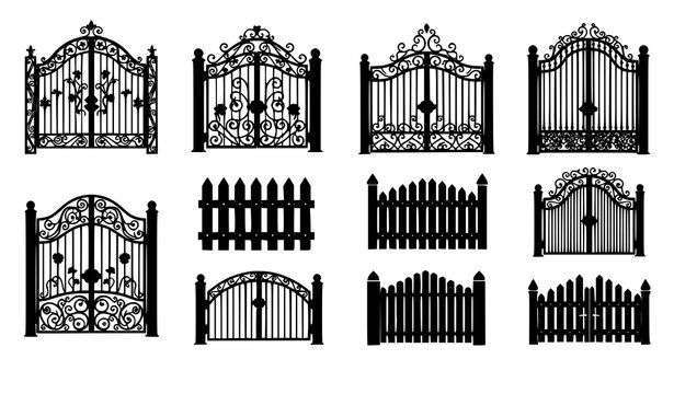 Minimal gate and fence icon set wooden garden barrier vector isolated on white background