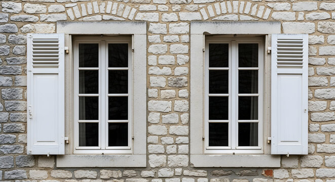 Two white windows with shutters on a stone wall exterior closeup